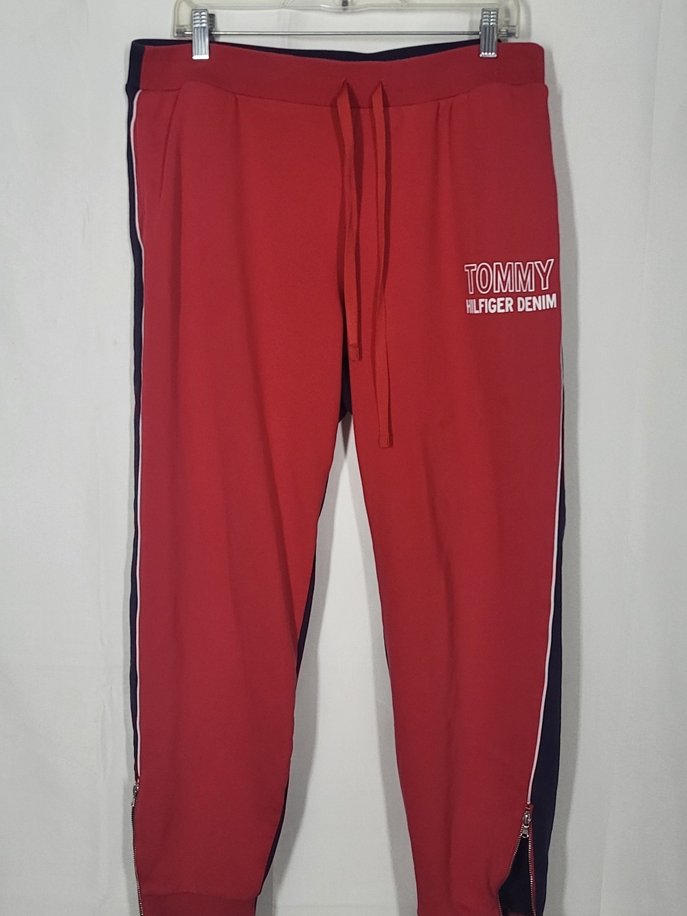 Tommy Hilfiger Red Sweatpants with Navy & White Stripes, Pockets, Ankle Cuffs